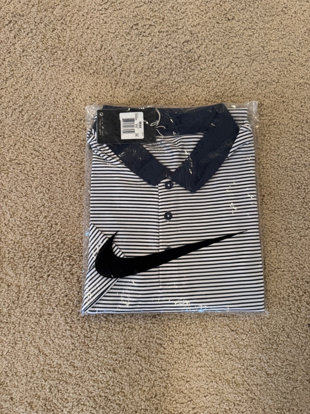 Nike Men’s Navy & White Striped Polo with Black Swoosh
